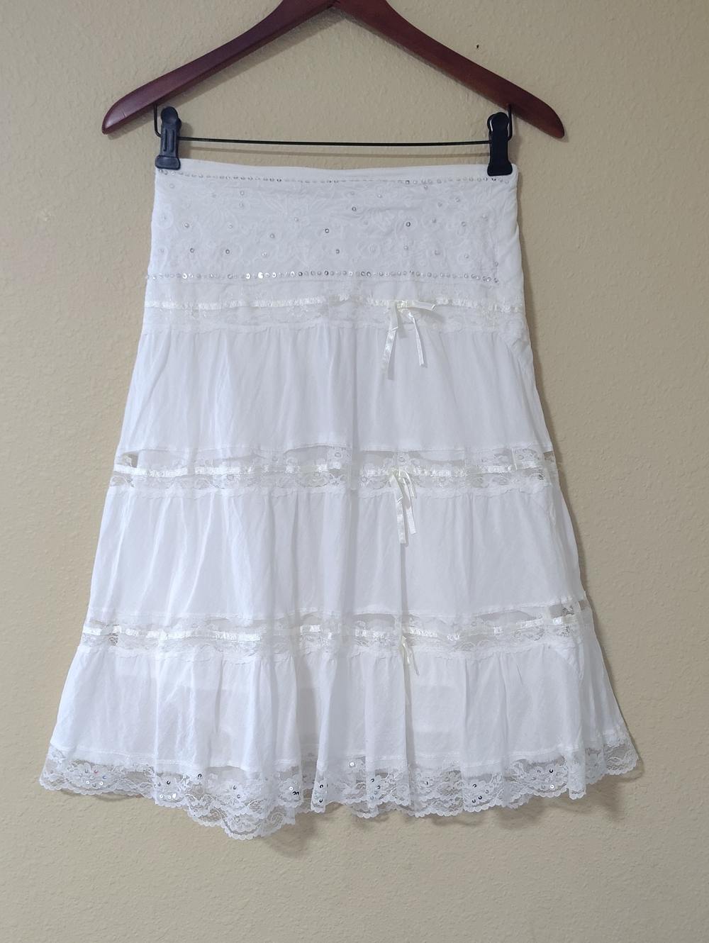 Vintage Passport Girl 100% Cotton Bow Sequin Lace Midi Skirt Size L Y2K Fairy